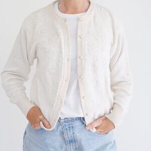 Vintage Dana Scott Ivory Knit Cardigan Pearl Beaded Romantic Old Money Sweater M